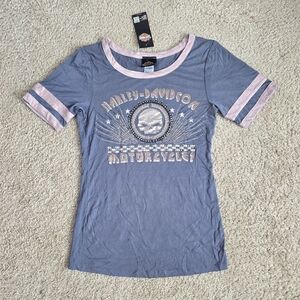 NWT Harley Davidson Ringer T-Shirt Top Rhinestone Size Large (fits like medium)